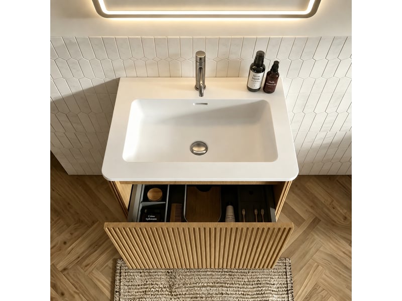  Meuble vasque suspendu 60 cm avec vasque intégrée et miroir led ovale antibuée 50 x 80 cm, chêne  - Conforama B