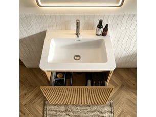 Meuble vasque suspendu 60 cm avec vasque intégrée et miroir led ovale antibuée 50 x 80 cm, chêne