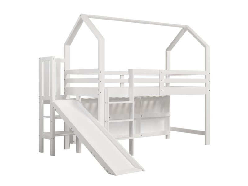  Lit enfant, 90×200 cm, simple, multifonction, toboggan + escalier + casier + étagère, bois massif + mdf, blanc, sans matelas  - Conforama A