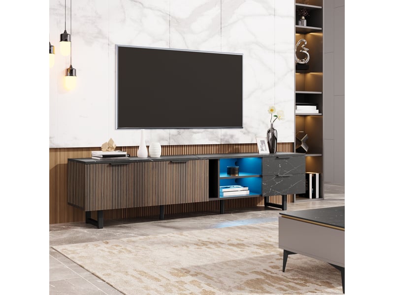  Meuble tv avec 2 portes, 2 tiroirs et 2 niches led pour salon 200×38×50 cm en mdf noir et bois  - Conforama C
