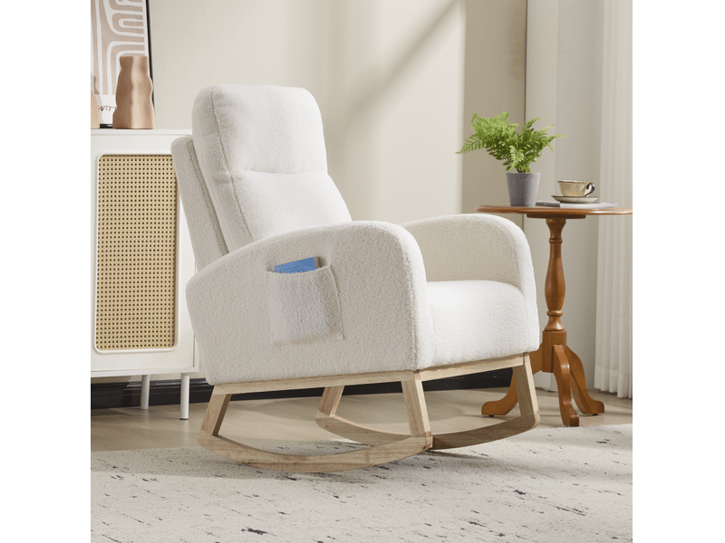 Fauteuil à bascule modenvie à dossier haut en tissu teddy blanc, poche latérale, 75 x 63 x 104 cm - Conforama D