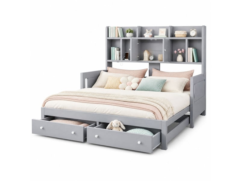  Lit banquette 90x190 cm extensible 180x190 cm – gris – 2 tiroirs, rangements, led et prises - sans matelas  - Conforama A