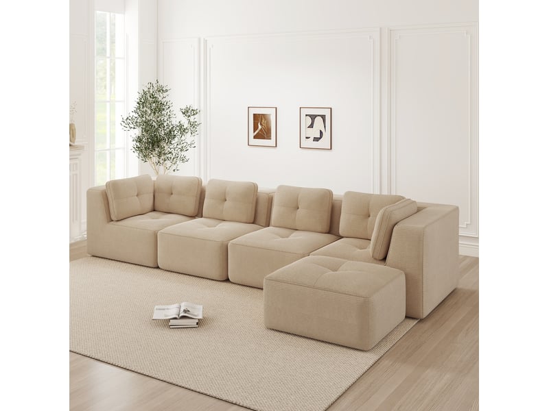 Canapé d'angle modulable 4 places en velours côtelé beige, sans structure rigide et assise profonde - Conforama E
