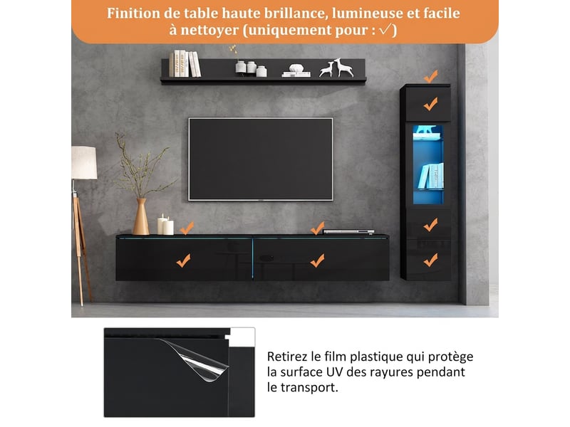  Ensemble meuble tv mural noir brillant 3 pièces, pour écran jusqu'à 80 pouces, avec led rgb et façades haute brillance  - Conforama R