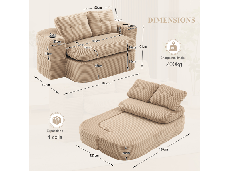  Fauteuil relax convertible en velours côtelé kaki, dossier haut, assise extra profonde, 2 porte-gobelets, salon chambre  - Conforama C
