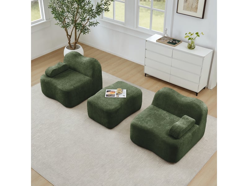  Canapé d'angle modulaire 2 places avec pouf, assise profonde et coussins d'accoudoir, en velours vert  - Conforama D