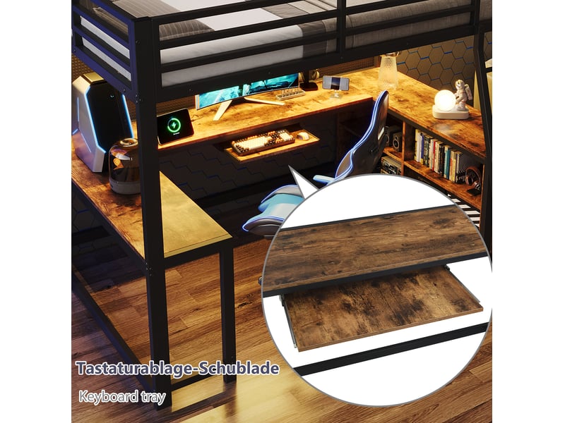  Lit mezzanine 120x200 cm avec matelas non inclus, bureau 3 côtés, led, prise ue, métal et mdf, noir et aspect bois  - Conforama E