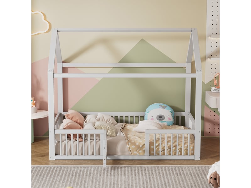 Lit cabane 90 x 200 cm - lit enfant avec porte et sommier à lattes - pin + mdf - sans matelas - blanc - Conforama B