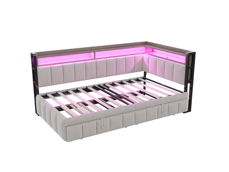  Lit gigogne 90 x 200 cm gris clair en velours, led réglable, rangements et ports usb et usb-c intégrés  - Conforama D