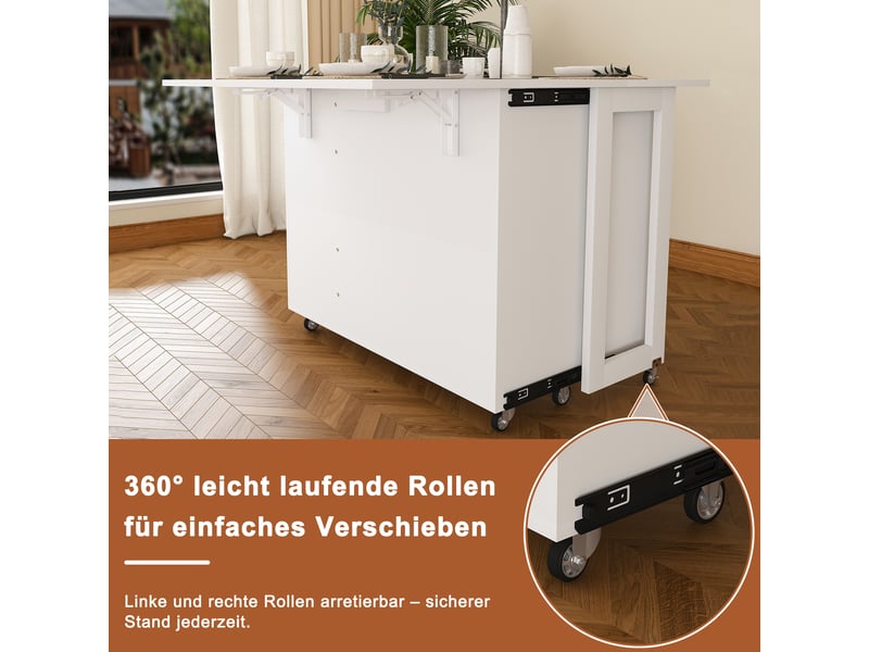 Table à manger pliable multifonction blanc, îlot de cuisine mobile avec rangement, roulettes 360°  - Conforama E
