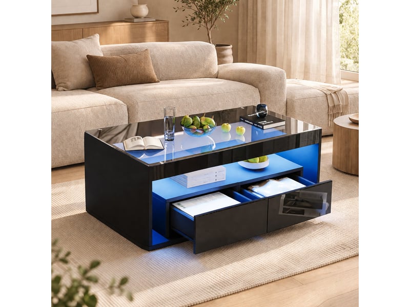  Table basse rectangulaire led noire avec 2 tiroirs - 100 x 50 x 40 cm  - Conforama C