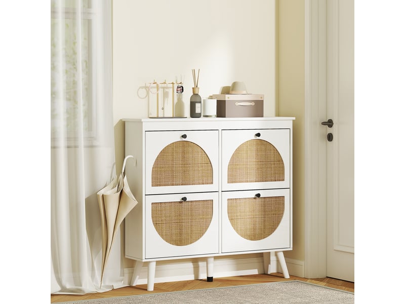  Meuble à chaussures 4 abattants 20 paires étagère réglable style bohème pieds en bois massif 105 x 24 x 97,5 cm blanc  - Conforama C