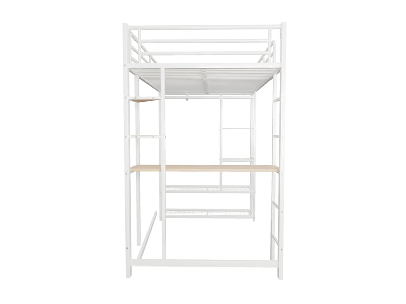 Lit mezzanine enfant 90x200 cm, table, étagère, garde-corps, sommier, métal blanc, sans matelas - Conforama D
