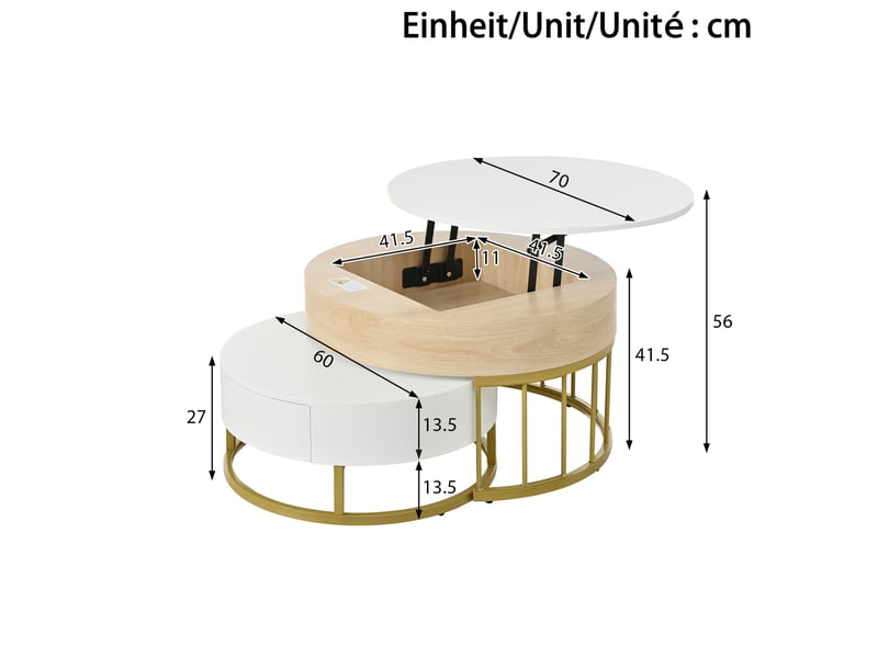  Table basse ronde 70x70x56 cm à plateau relevable mdf blanche et dorée  - Conforama E