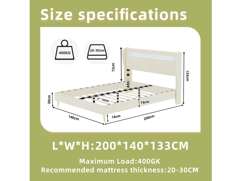  Lit adulte 140x200 cm en tissu beige avec led réglable, sans rangement  - Conforama C
