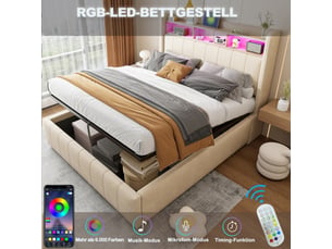 Lit 160x200 lin beige – tête rangement, led, usb, coffre hydraulique – sans matelas