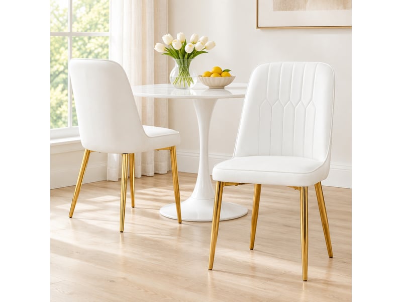  Chaise de salle à manger avec dossier ergonomique et pieds antidérapants  - assise rembourrée, pu blanc et or  - Conforama B