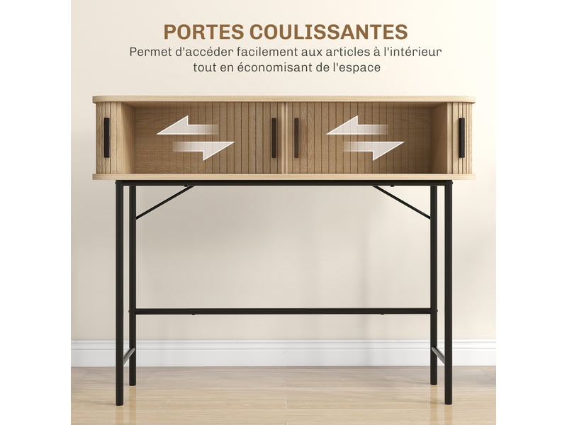  Console meuble, table console avec portes coulissantes à lattes et pieds en acier, chêne et noir, pour salon  - Conforama E
