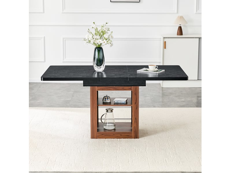  Table de salle à manger extensible, table extensible, table repas, 130-160 cm, rangement intégré, mdf noir, noyer  - Conforama D
