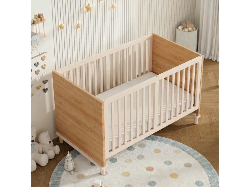 Lit bébé en bois naturel 70x140 cm, réglable en hauteur 5 niveaux, bois massif et mdf - Conforama E