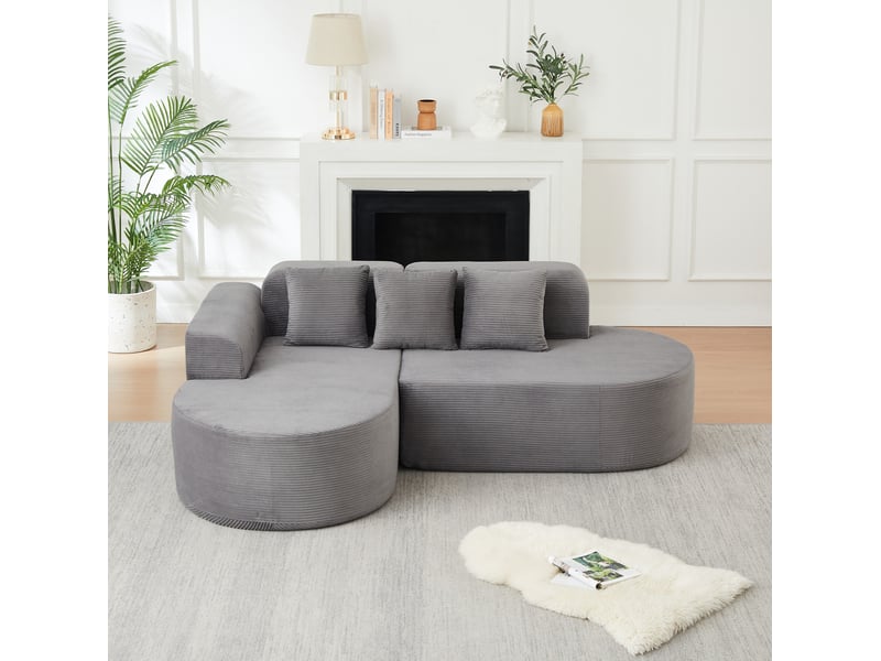  Canapé d'angle modenvie 4 places en velours côtelé gris, méridienne gauche, 220 x 155 x 70 cm, 3 coussins  - Conforama E