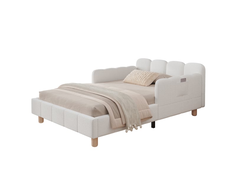  Lit banquette rembourré 90x200 cm, lit simple avec tête de lit, lit enfant, barrière de sécurité, pieds bois massif, bouclé, beige Seren Glow - Conforama A