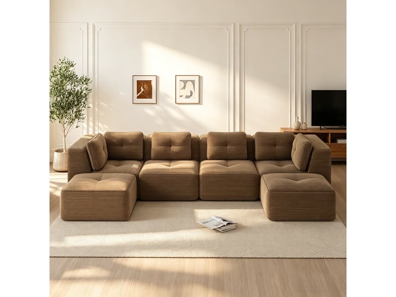  Canapé modulable en u avec ottomane, configuration modulable et fonction couchage, 69 × 386 × 104 cm, marron  - Conforama D