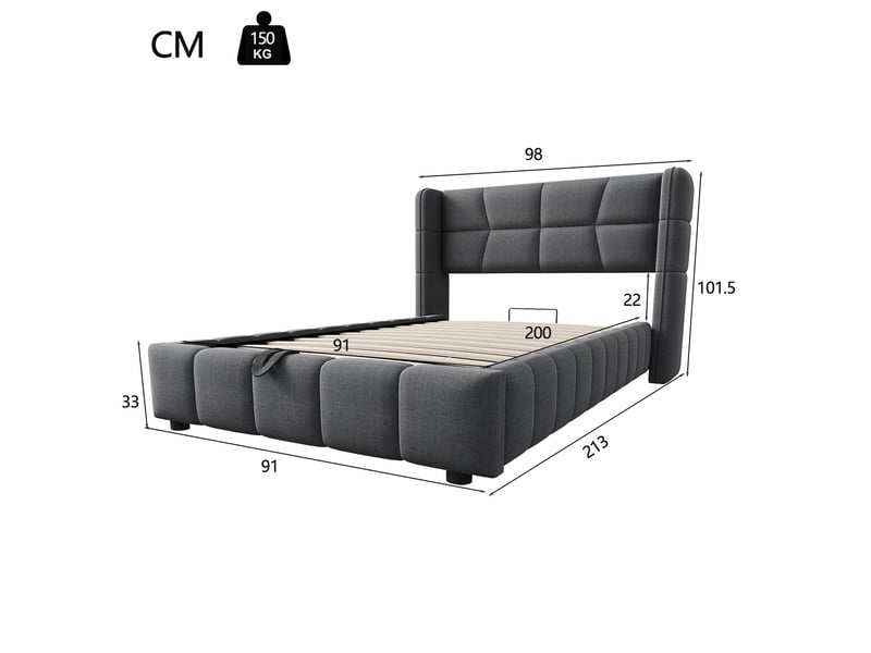  Lit capitonné 90x200, coffre de rangement lit une personne, ouverture pneumatique, revêtement lin, structure métal robuste  - Conforama C