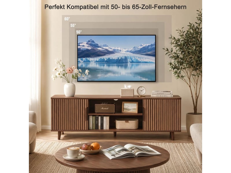  Meuble tv 138x39 cm,2 portes rainurées,niche ouverte,2 passe-câbles,5 pieds en bois,style rétro,panneaux de bois,effet noyer  - Conforama B