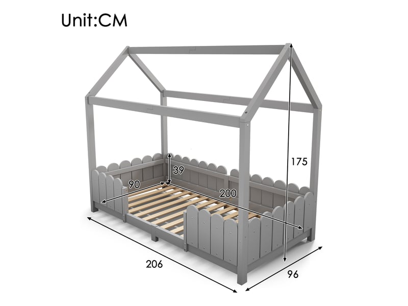  Lit cabane enfant 90x200 cm avec barrières et sommier à lattes gris  - Conforama E