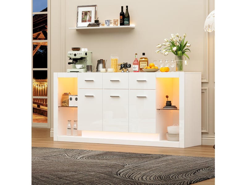 Meuble rangement buffet salon 160x40x75 cm 14 compartiments led blanc laqué homvra - Conforama D