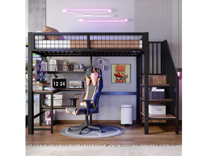  Lit mezzanine 90x200 cm avec bureau, étagères et armoire noir et marron  - Conforama E
