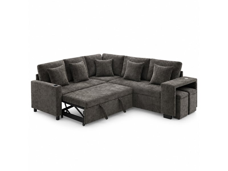 Canapé d'angle réversible convertible 5 places avec coffre, pouf, ports usb-c et porte-gobelets, chenille gris, 220 cm - Conforama A