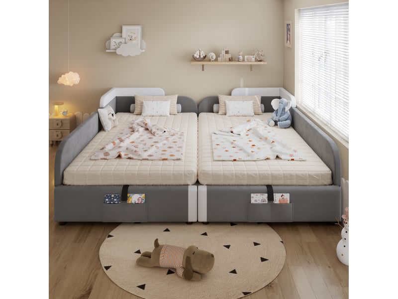  Lit coffre combiné pour 2 matelas 90x200 cm gris avec rangement hydraulique  - Conforama D