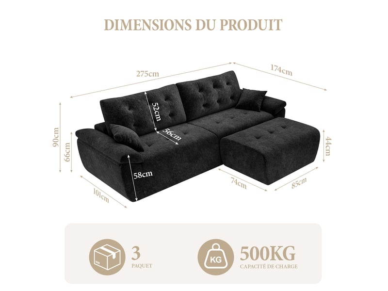  Canapé modulable en chenille noir mousse haute densité avec pouf,canapé salon 275cm style nuage confortable,compressé sans montage 275x174x66CM - Conforama E
