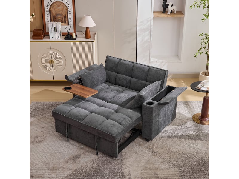 Canapé convertible 2 places 3-en-1, dossier réglable, table cachée, porte-gobelets et port usb, gris - Conforama E