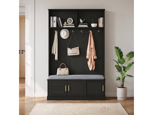 Meuble d'entrée avec banc, range-chaussures, étagère et 6 crochets triples pour couloir, noir, 120 × 40 × 191 cm