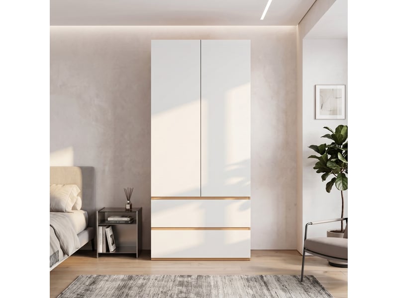  Porte armoire 90x50x200 cm avec 1 barre de penderie, 2 tiroirs et 2 portes, mdf et panneau de particules, blanc  - Conforama D