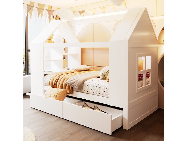  Lit cabane 90x200 cm, lit enfant, 2 tiroirs, led, forme maison, bois blanc  - Conforama C