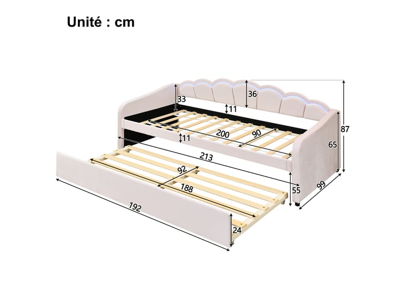  Lit gigogne 90x200 cm - lit simple avec lit tiroir et bande led - sans matelas - structure en velours confortable - rose  - Conforama C