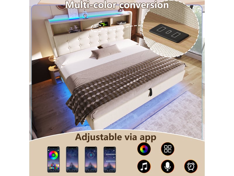  Lit capitonné 180 × 200 cm, beige, sans matelas, led, coffre hydraulique, usb type-c, lin  - Conforama D