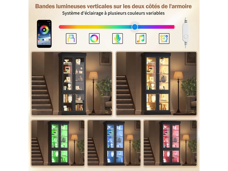  Vitrine haute 80 x 40 x 180 cm avec éclairage led, rangements compartimentés et dispositif anti-basculement, noir  - Conforama B