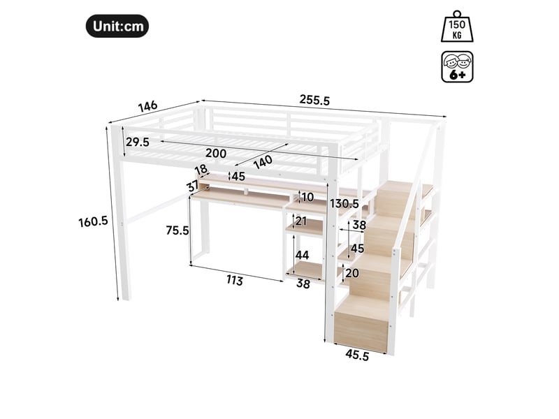  Lit mezzanine 2 personnes 140x200cm avec escalier rangement, prises usbtype-c, étagère et led, métal blanc evarich - Conforama C