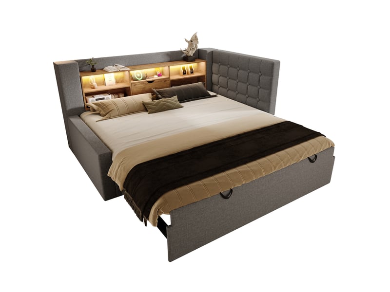  Lit banquette 90x200 cm – gris – lit gigogne avec led, rangements et ports usb-c intégrés, sans matelas  - Conforama A