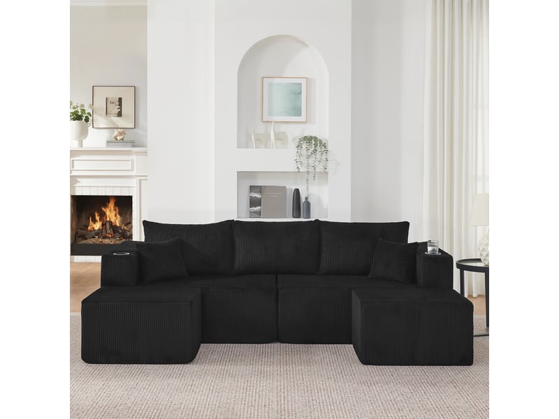  Canapé d’angle modulable 3 places avec ottomans mobiles  - porte-gobelets et poches latérales, velours côtelé noir  - Conforama C