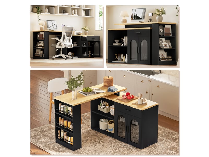  Îlot de cuisine fixe avec plateau pivotant à 360°, buffet de rangement avec tiroir et étagères, table de bar en mdf, noir et naturel  - Conforama C