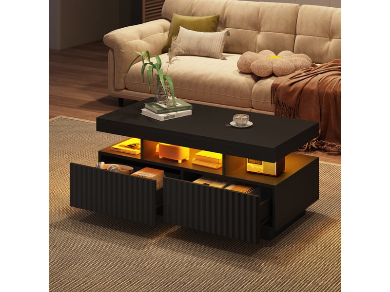 Table basse noire 100x50x45 cm, table de salon avec led contrôlable par application, 2 tiroirs à rayures verticales - Conforama D