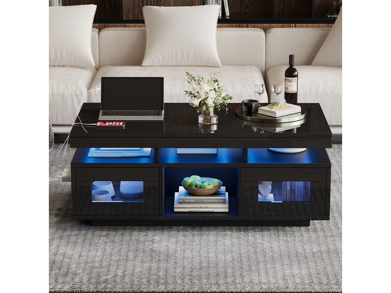  Table basse de salon rectangulaire 100x50x43 cm avec rangement, led, prise et usb, 2 portes et niches ouvertes en panneaux de particules - noir  - Conforama D