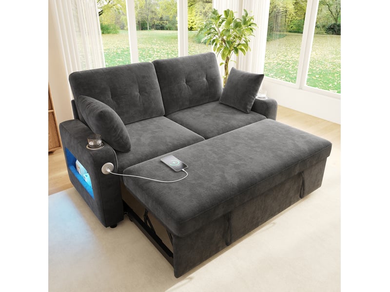 Canapé-lit 2 places 141,5x131x83,5 cm avec led et ports usbtype-c métal bois gris - Conforama B