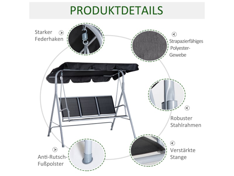 Balancelle de jardin 3 places, toit, cadre métal gris argent, 171x108x154 cm, terrasse et jardin - Conforama D